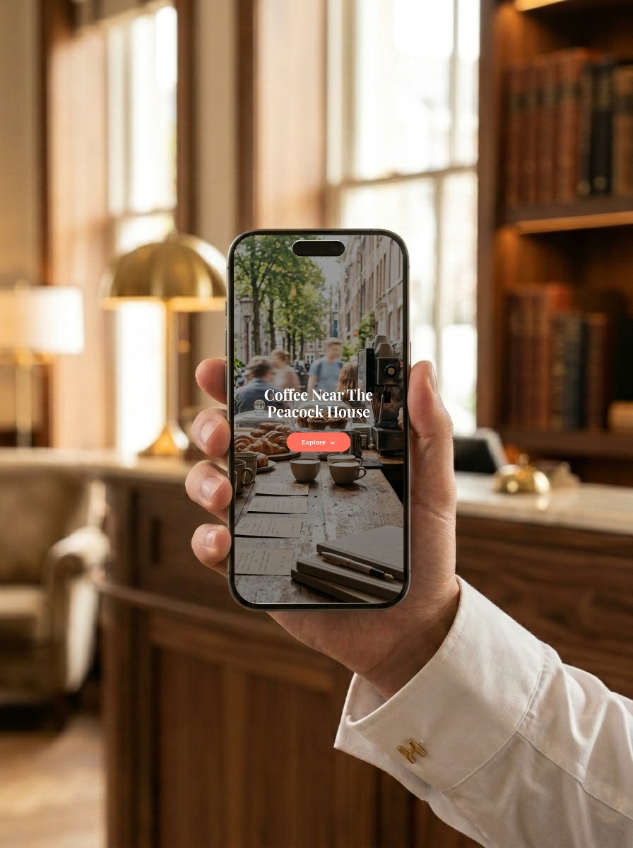 A front desk team member holding up a phone showing a FieldGuide